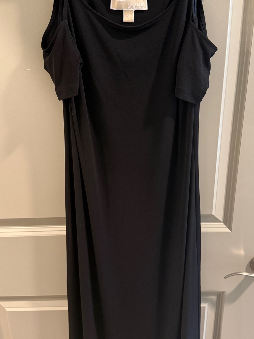 Michael Kors Black Cold-Shoulder Midi Dress with Draped Silhouette